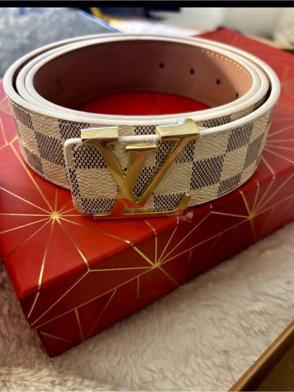 Designer-Inspired White Checkered Leather Belt with Gold LV Buckle
